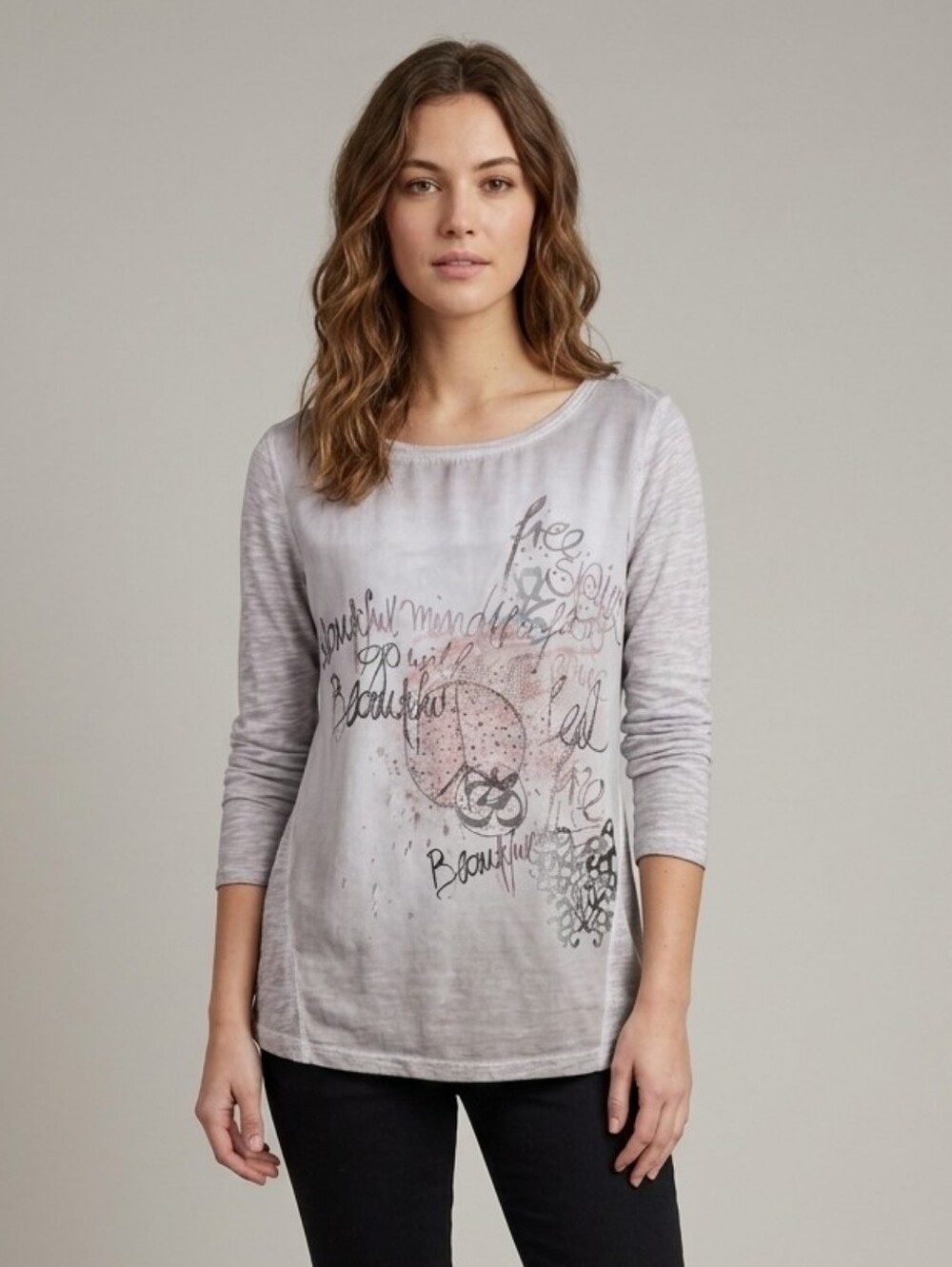 Monari Italia Gray Rhinestone Graphic Long Sleeve Top Boho Peace Om Size M L